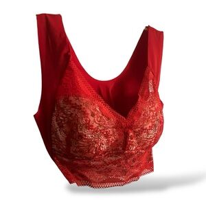 Festival Lace Trim Red Bralette with Wide Straps & Floral Print Padded Cups NWOT